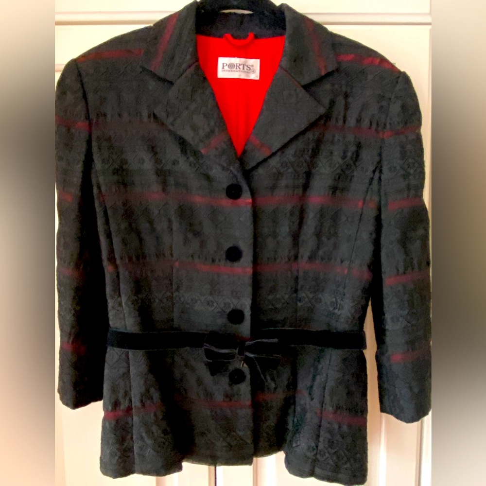 Ports wool blend embroidery blazer quarter sleeves bow belt black red women XS